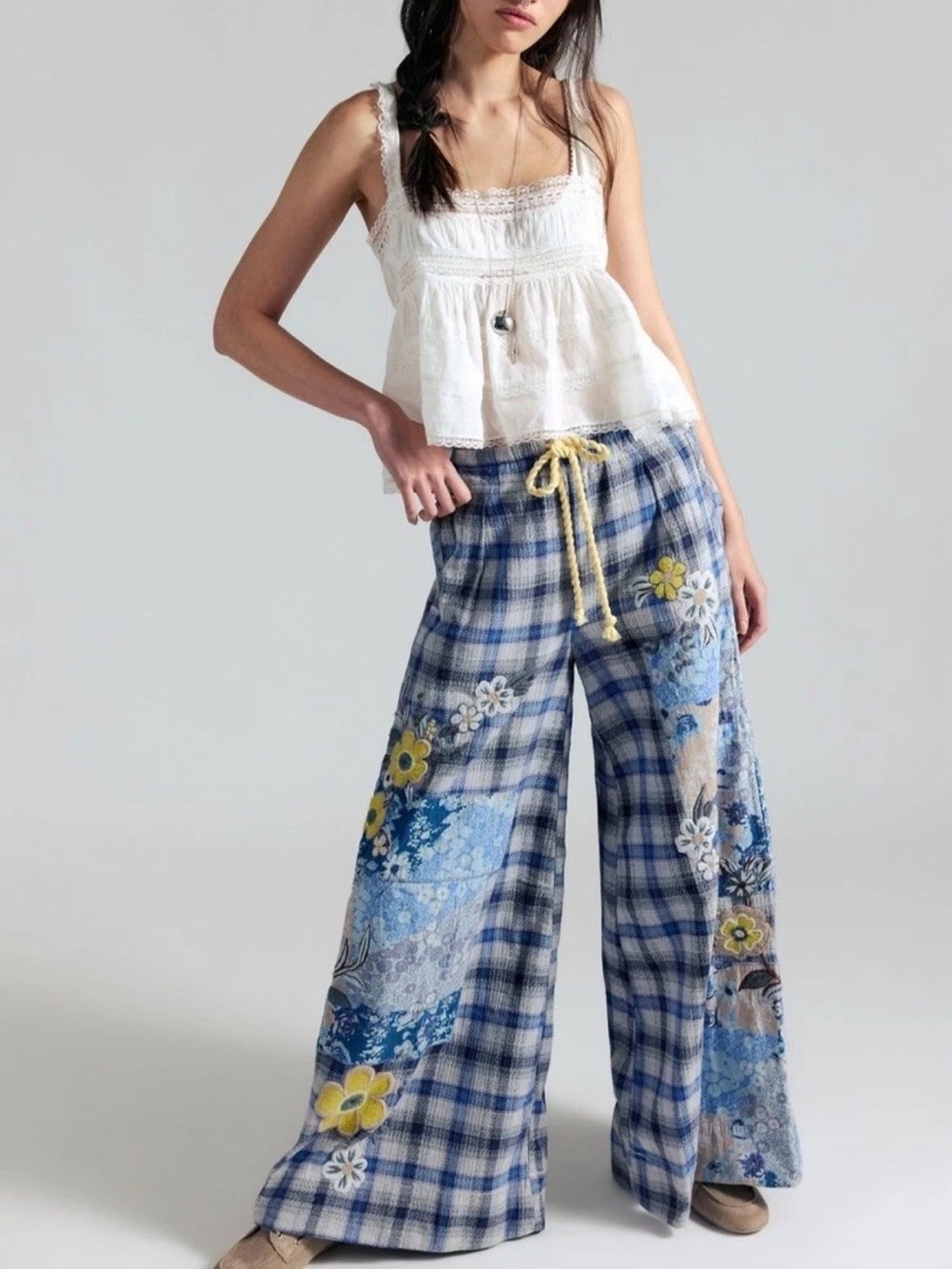 NWT Free People Brooks Embroidered Wide Leg Patchwork Pants Floral
Blue XL